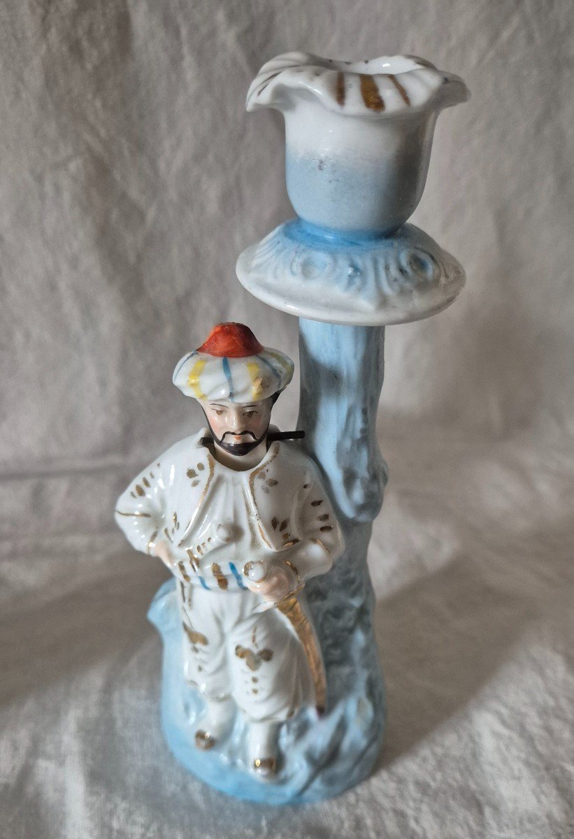 Pair Of Orientalist Paris Porcelain Candlesticks With Bousculant Heads -photo-3