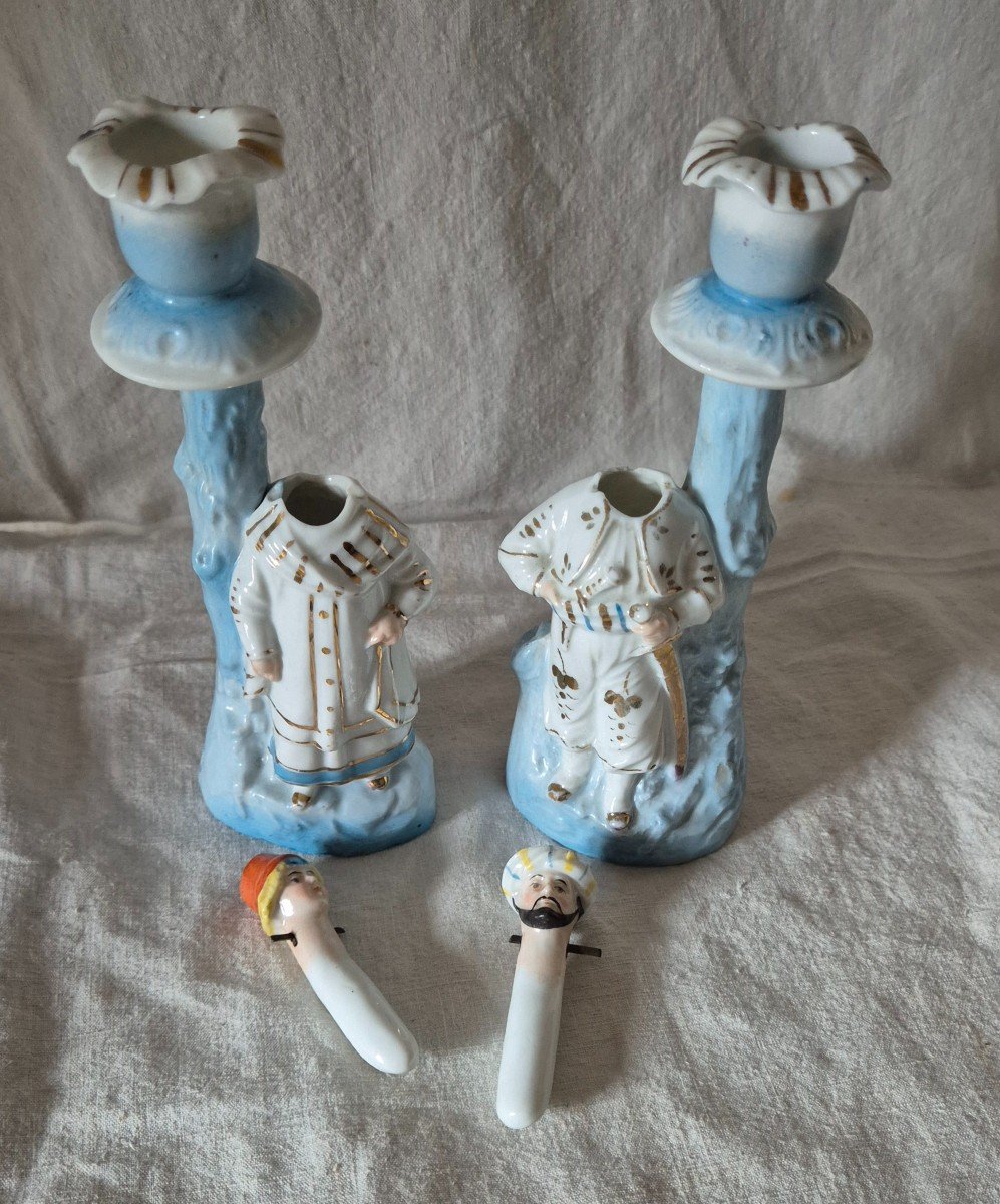 Pair Of Orientalist Paris Porcelain Candlesticks With Bousculant Heads -photo-4