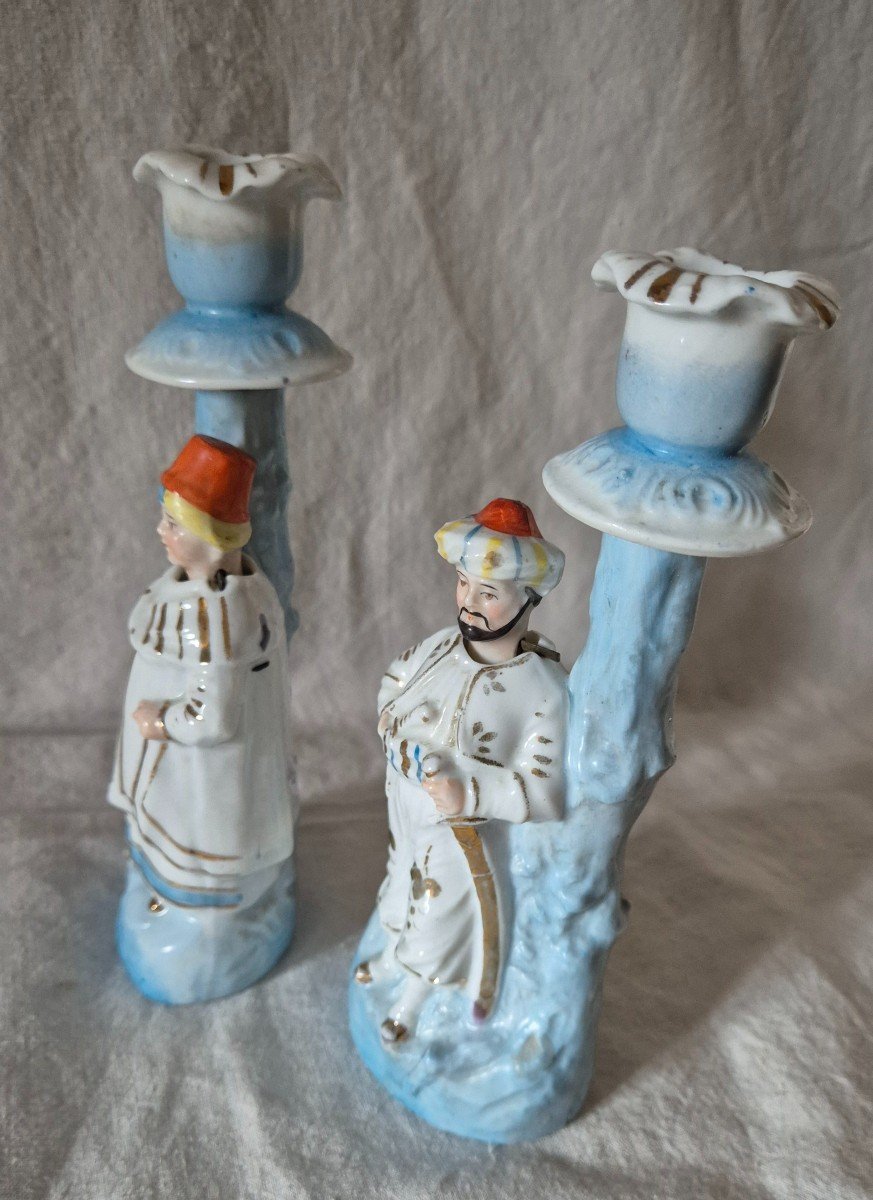 Pair Of Orientalist Paris Porcelain Candlesticks With Bousculant Heads -photo-1