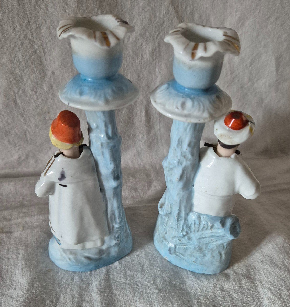 Pair Of Orientalist Paris Porcelain Candlesticks With Bousculant Heads -photo-3