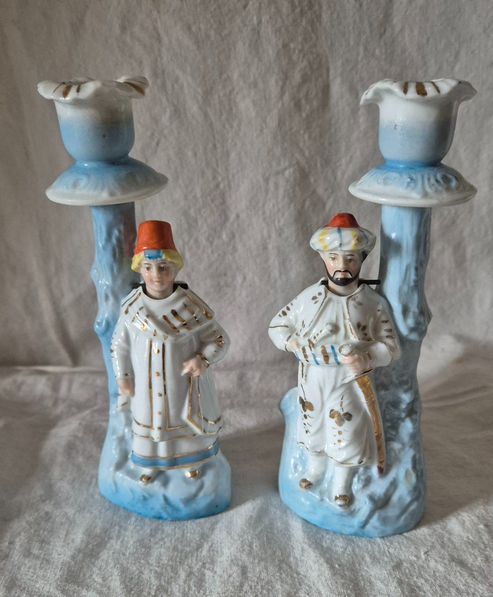 Pair Of Orientalist Paris Porcelain Candlesticks With Bousculant Heads 