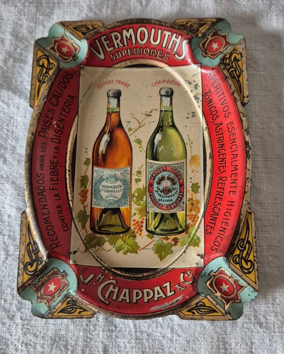 Cendrier Coupelle Publicitaire Espagnol Tôle Lithographiée Vermouth J H Chappaz & Cie 