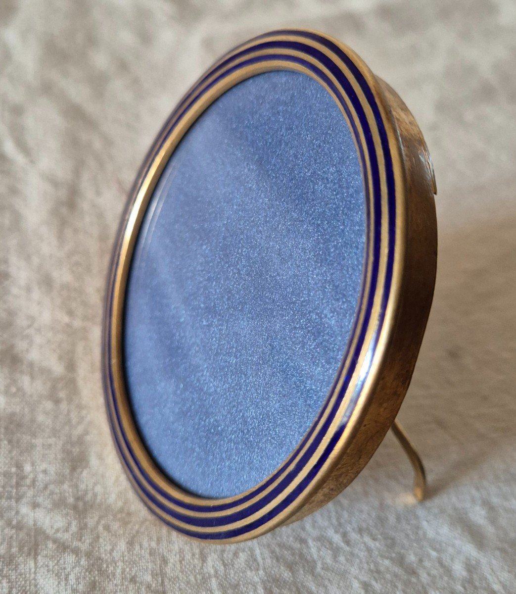 Art Deco Round Gilt Bronze Frame In Navy Blue Cloisonné Enamel-photo-2