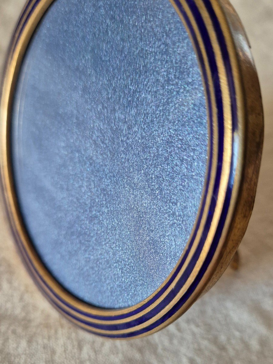 Art Deco Round Gilt Bronze Frame In Navy Blue Cloisonné Enamel-photo-3