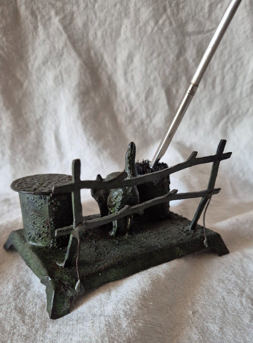 Cat Inkwell With Its Painted Metal Pen Wiper -photo-3