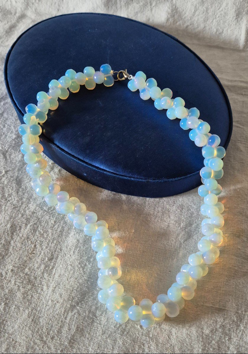 Collier En Perles Doubles  En Verre Opalescent Aux Reflets Jaunes Ambré Début XXème Siècle -photo-2