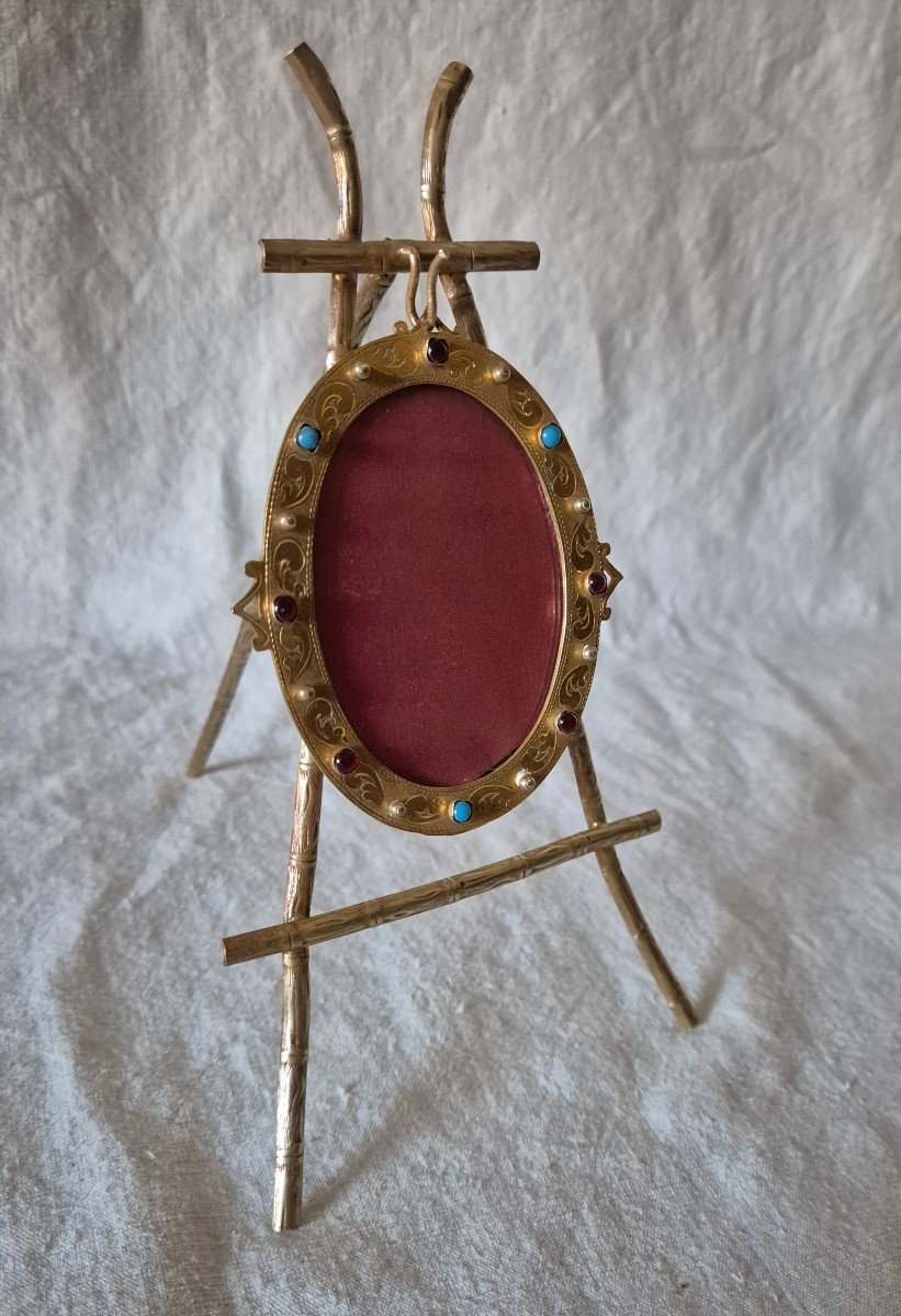 Austro-hungarian Gilt Bronze And Colored Stone Photo Frame And Easel -photo-1