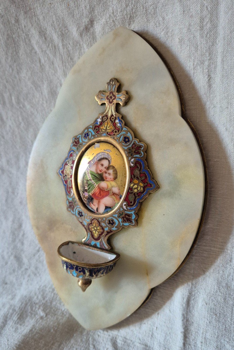 Gilt Bronze And Cloisonné Enamel Bedside Font Miniature Virgin And Child -photo-2