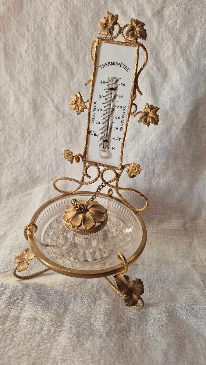 Napoleon III Gilded Pomponne Crystal And Bronze Thermometer Inkwell 