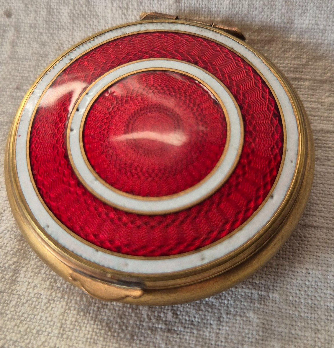 Pocket Pill Box In Guilloche Gold Metal And Red And White Enamel 