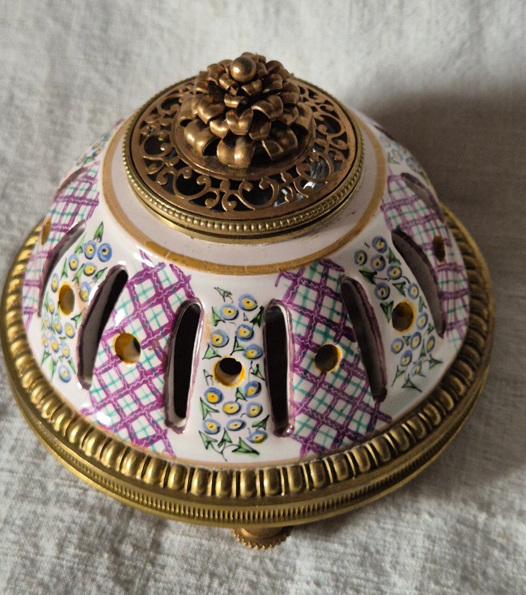 Inkwell Perfume Burner In Earthenware And Gilt Bronze From The 19th Century 