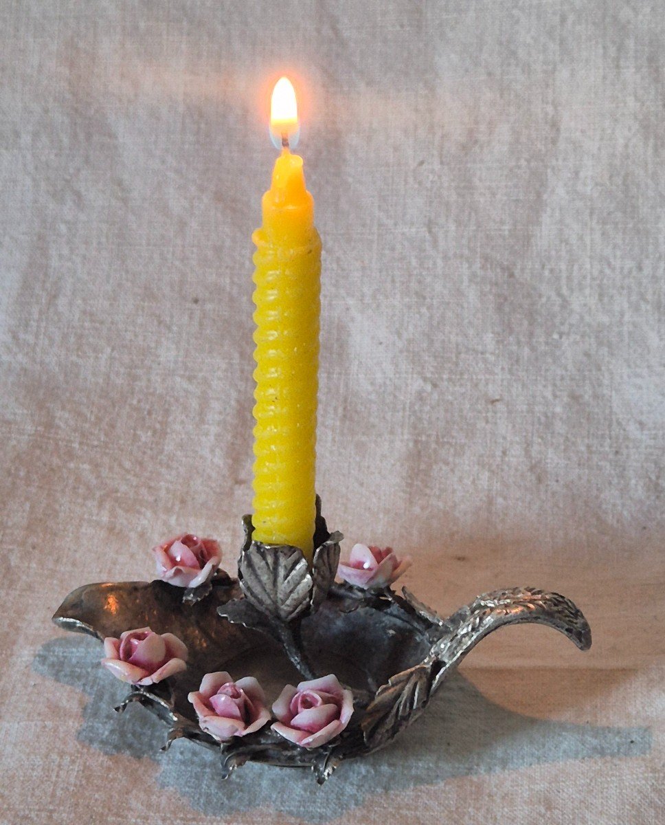 Miniature Silver And Porcelain Roses Hand Candle Holder -photo-2