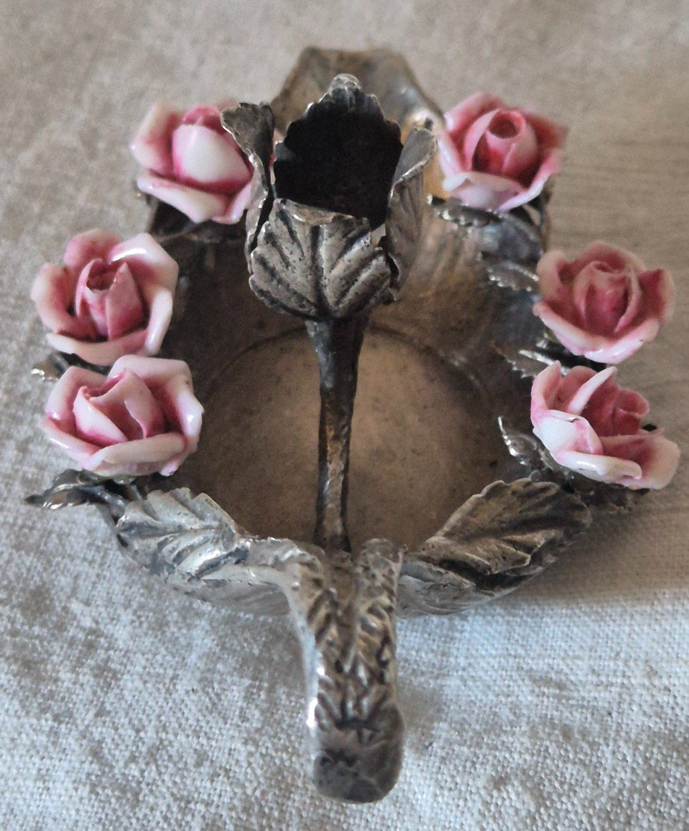 Miniature Silver And Porcelain Roses Hand Candle Holder -photo-3