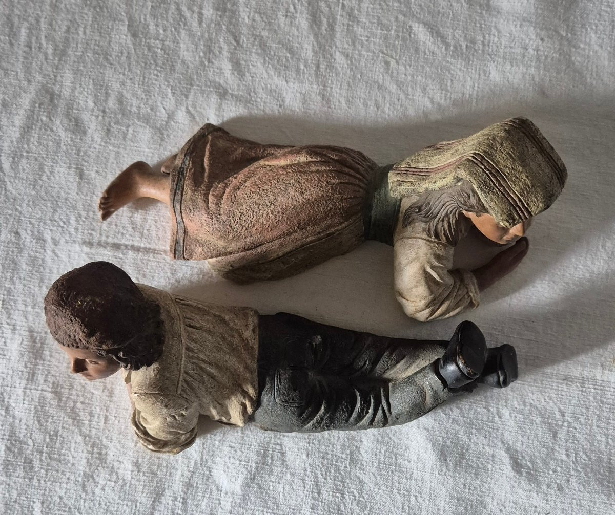 Two Sicilian Children Lying Down Polychrome Terracotta By Bernard Bloch Austria 19th Century -photo-1