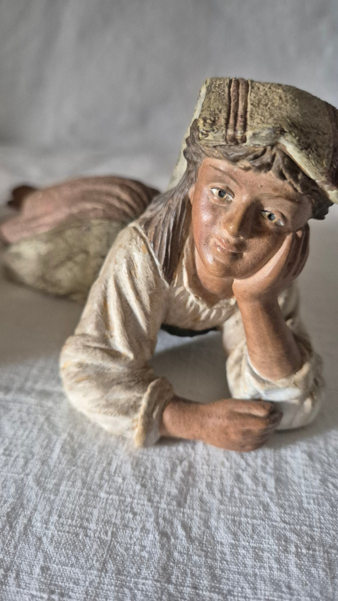 Two Sicilian Children Lying Down Polychrome Terracotta By Bernard Bloch Austria 19th Century -photo-5