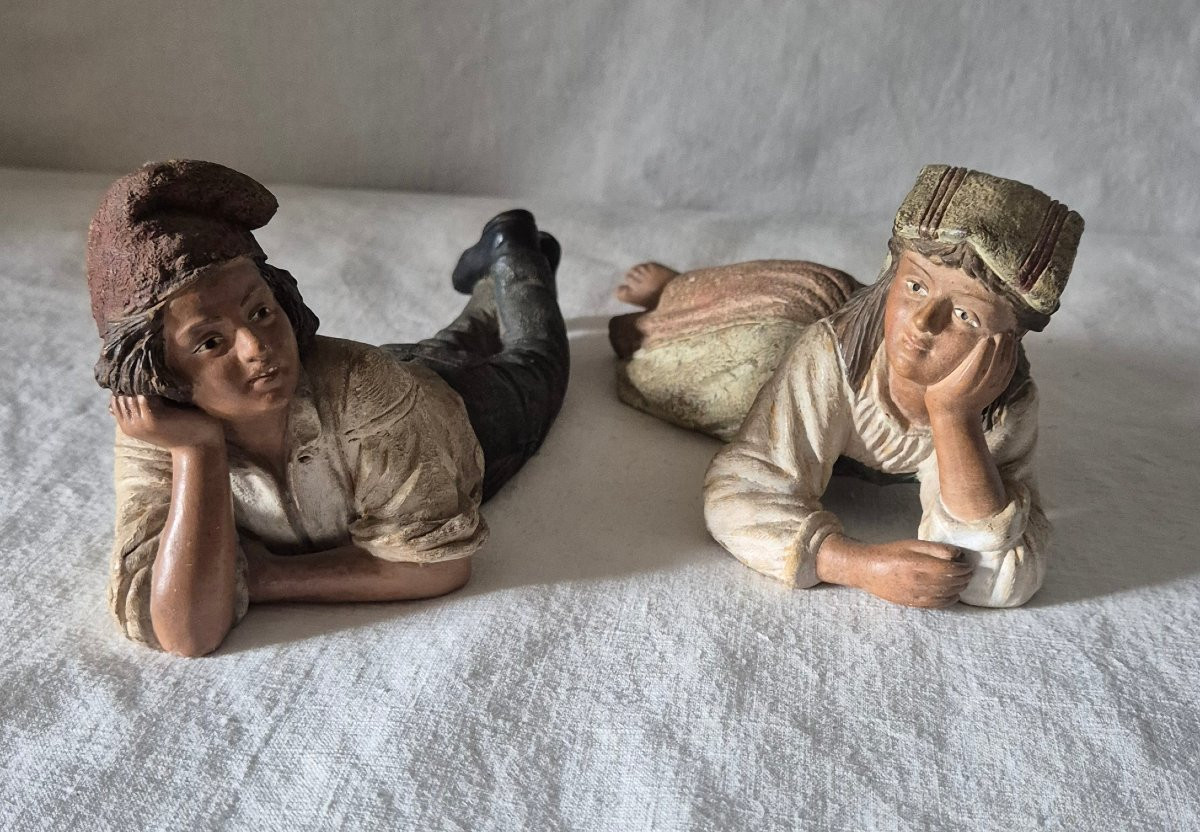 Two Sicilian Children Lying Down Polychrome Terracotta By Bernard Bloch Austria 19th Century -photo-6