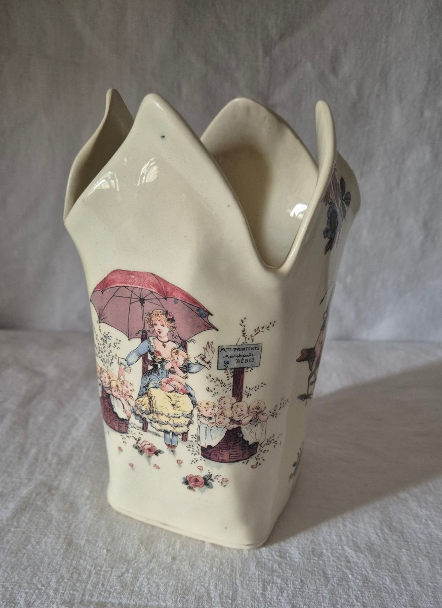 Sarreguemines "handkerchief" Style Earthenware Vase With Childish Imagery 