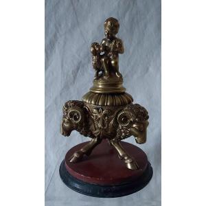 Tripod Inkwell With Rams' Heads And Little Boy With Dogs In Bronze And Marble 