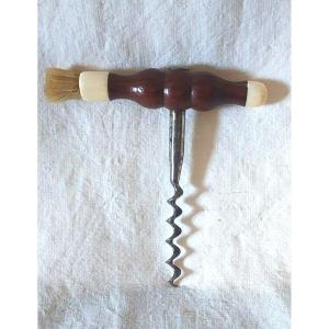 English Steel Corkscrew, Turned Macassar, Ivory Tips. Nineteenth Century 