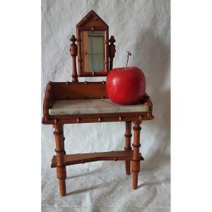 Coiffeuse Table De Toilette De Poupée En Merisier Tourné Façon Bambou Vers 1900