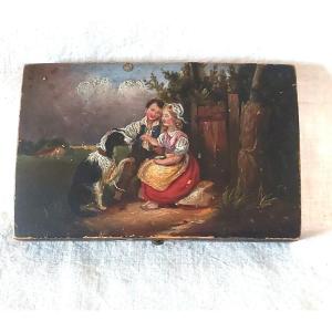 Lemon Tree Game Box Painted With A Country Scene Young Couple And Dog Drinking Milk