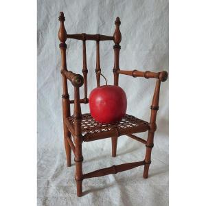 Cane Teddy Bear Doll Armchair In Turned Bamboo-style Cherry Wood Circa 1900