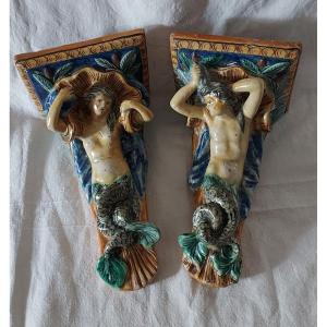 Pair Of Wall Consoles In Polychrome Glazed Earthenware From The 19th Century In Italian Style 