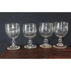 Set Of Four Balloon Wine Glasses Engraved “souvenir” Around A Grape Decor