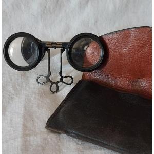 Folding Pocket Binoculars In Black Painted Metal And Brass In Its Black Leather Case
