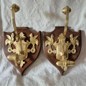 Pair Of Bronze Coat Racks Decorated With Roosters With Outstretched Wings