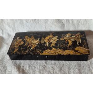 Black Lacquered Papier Mache Double Pencil Case With Animated Scene And Mount Fuji With Snowflakes 