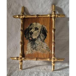 Small Painted Oak Panel English Setter Gold Frame Bamboo Style 