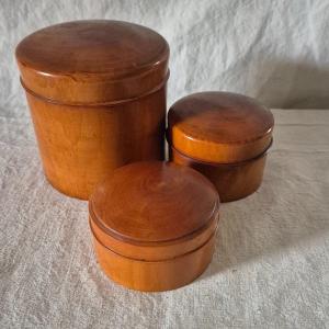 Set Of Three Cylindrical Containers In Turned Boxwood For Various Uses