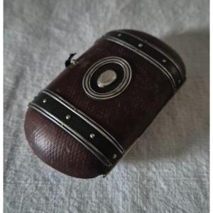 Brown And Black Leather Coin Purse With Silver Appliques 