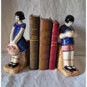 Pair Of Art Deco Earthenware Bookends Of Young Girls 