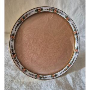 Round Photo Frame In White Enamel Dotted With Flowers With Its Original Convex Glass 