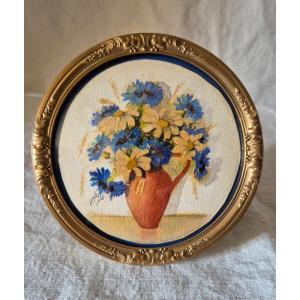 Watercolor Round Flower Arrangement In Its Louis XV Style Bronze Frame 