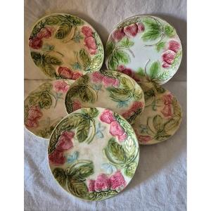 Set Of 6 19th Century Barbotine Earthenware Strawberry Plates 