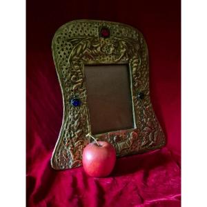 Chimerical Art Nouveau Photo Frame In Repoussé And Embossed Brass With Colored Stones 