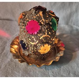 Hand-held Candle Night Light In Gold Pompom And Colored Stones 