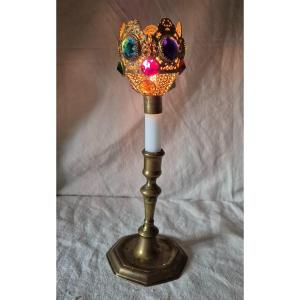 Church Candle Night Light Lamp In Gilded Bronze Pomponne And Colored Stones 