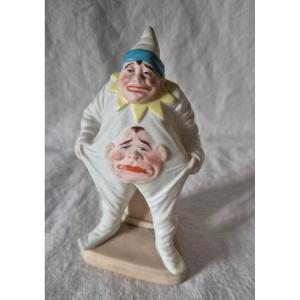 Drôle De Figure De Clown En Biscuit De Porcelaine Polychrome Pyrogène Porte Allumettes 