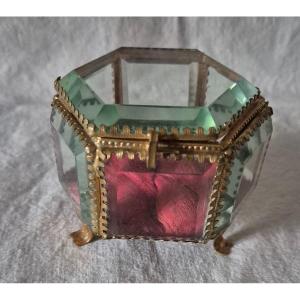 Hexagonal Glass And Bronze Jewelry Box Pomponne Gilded 