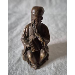 Lao Tzu Statuette, Chinese Sage Figure In Bronze With Medal Patina 