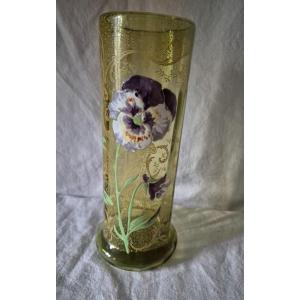 "legras" Tube Vase Enameled With Pansies On A Green Background With A Ribbed Effect 