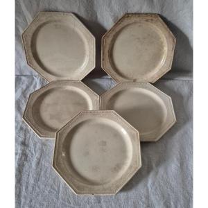 Set Of 5 Octagonal Dessert Plates With Pearled Edges In Montereau Earthenware 