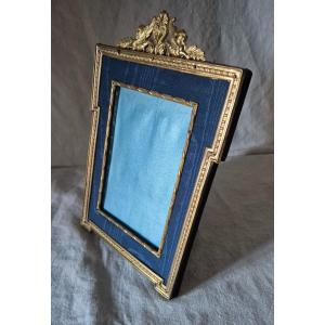 Cadre Porte Photo Style Empire Fn XIXème Siècle En Bronze Doré Et Passe Partout Moire Bleu