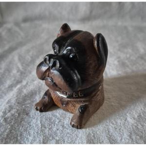 Boxer Style Dog Inkwell In Carved Elm Souvenir From Saas Fee