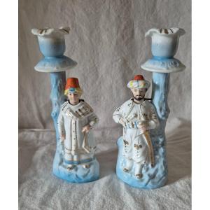 Pair Of Orientalist Paris Porcelain Candlesticks With Bousculant Heads 