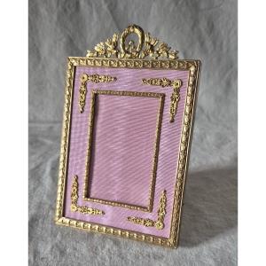 Empire Style Gilt Bronze Photo Frame With Pink Moire Marie-louise And Appliqués 